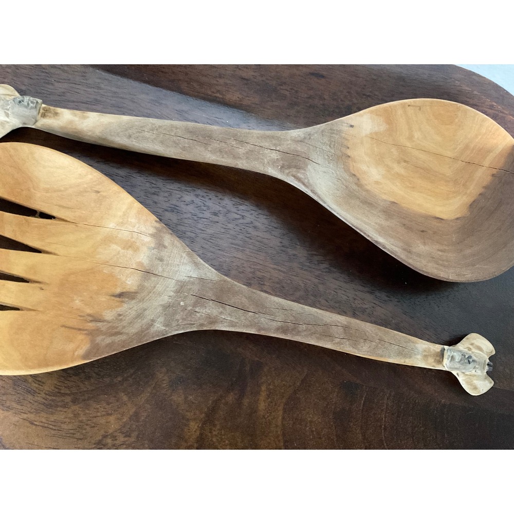 Vintage Hand Carved Giraffe Wooden Salad Servers Set Fork Spoon Rustic Safari - Picture 6 of 6